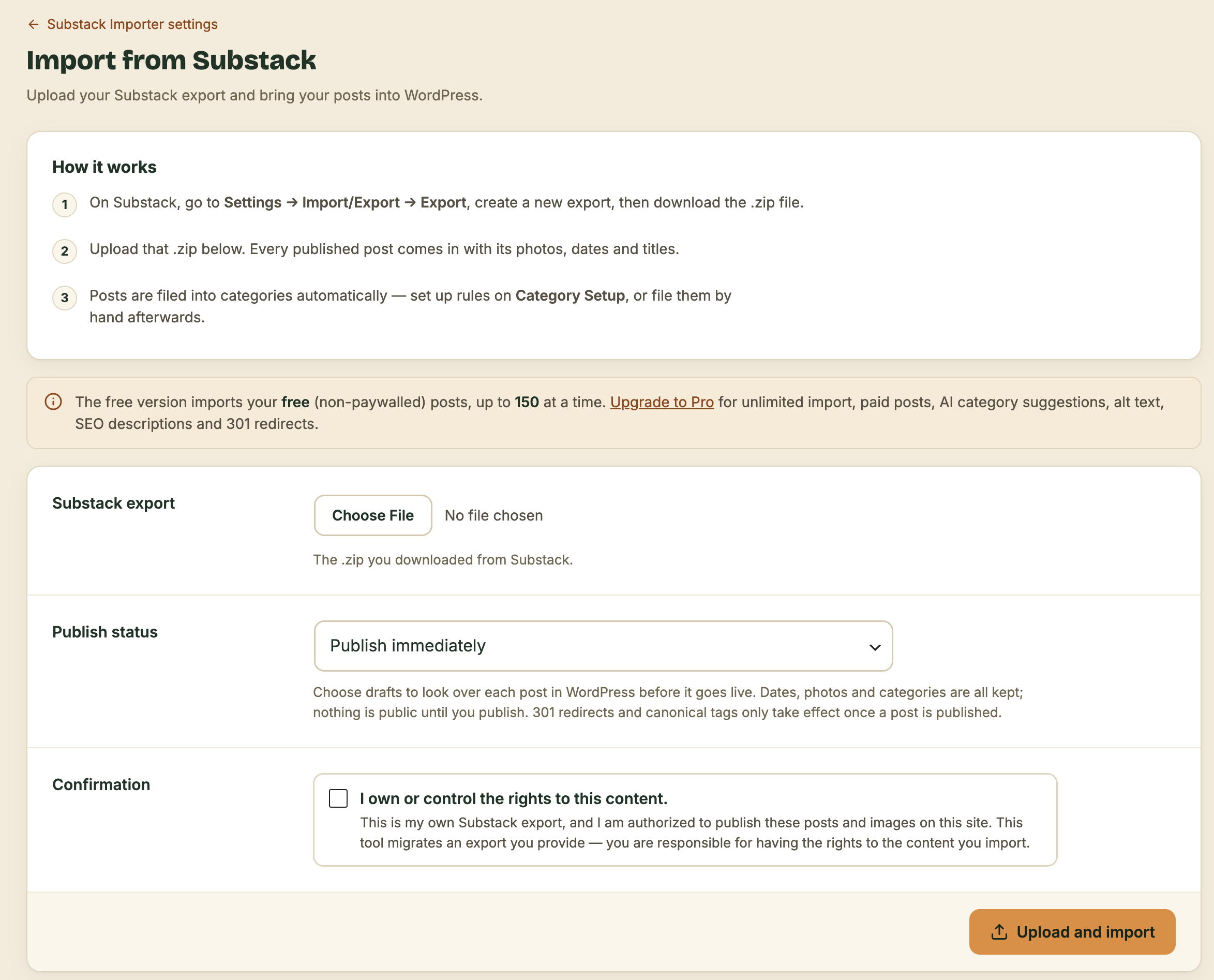 The importer screen in the WordPress dashboard