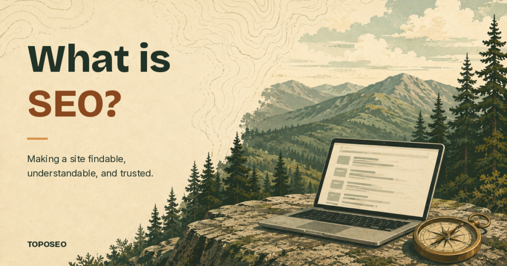 Illustration titled What is SEO, making a site findable, understandable, and trusted, showing a laptop with search results open on a mountain overlook beside a brass compass.