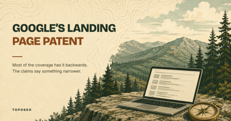 Google's landing page patent, set over an illustrated mountain overlook with a laptop showing a blank search results page and a brass compass.