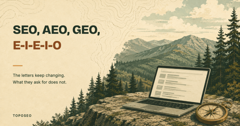 Illustration titled SEO, AEO, GEO, E-I-E-I-O, the letters keep changing and what they ask for does not, showing a laptop with search results open on a mountain overlook beside a brass compass.